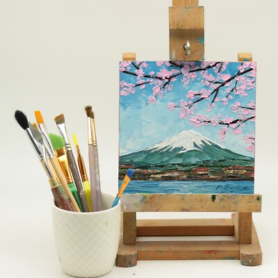Mount Fuji Original Oil Painting Landscape Cherry Blooming