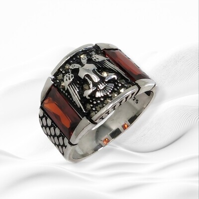 Herren Echt 925 Sterling Silber Adler Ring Rot Zirkonia Markasit Gothic