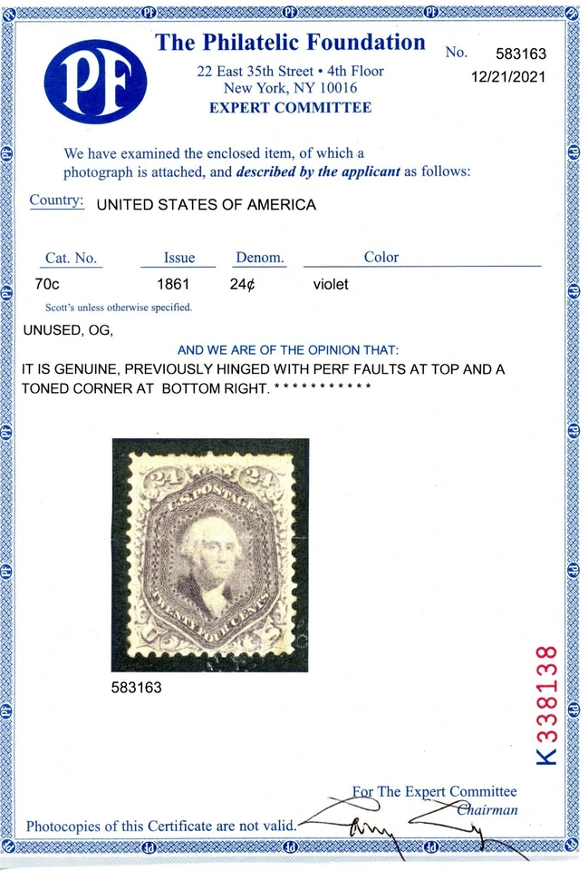 Scott 70c OG MH VF-XF US 1861 Washington Very Rare +Cert SCV $35,000 USAstamps - Image 3 of 3