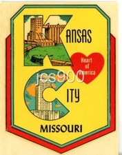 VINTAGE KANSAS CITY MISSOURI HEART OF AMERICA SOUVENIR STATE TRAVEL WATER DECAL