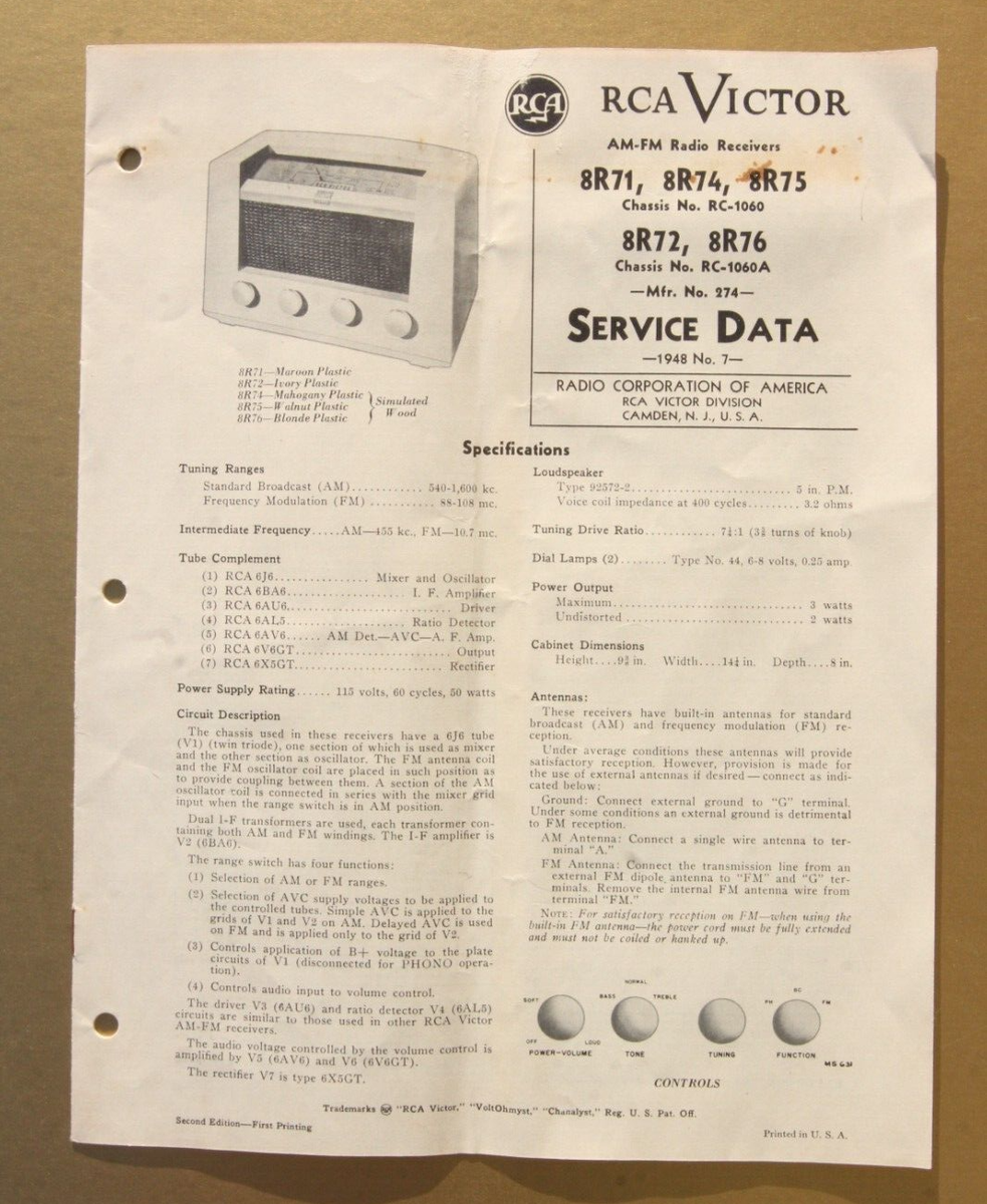 Vtg 1948 RCA Victor 8R71 8R74 8R75 8R72 8R76 Service Data Manual