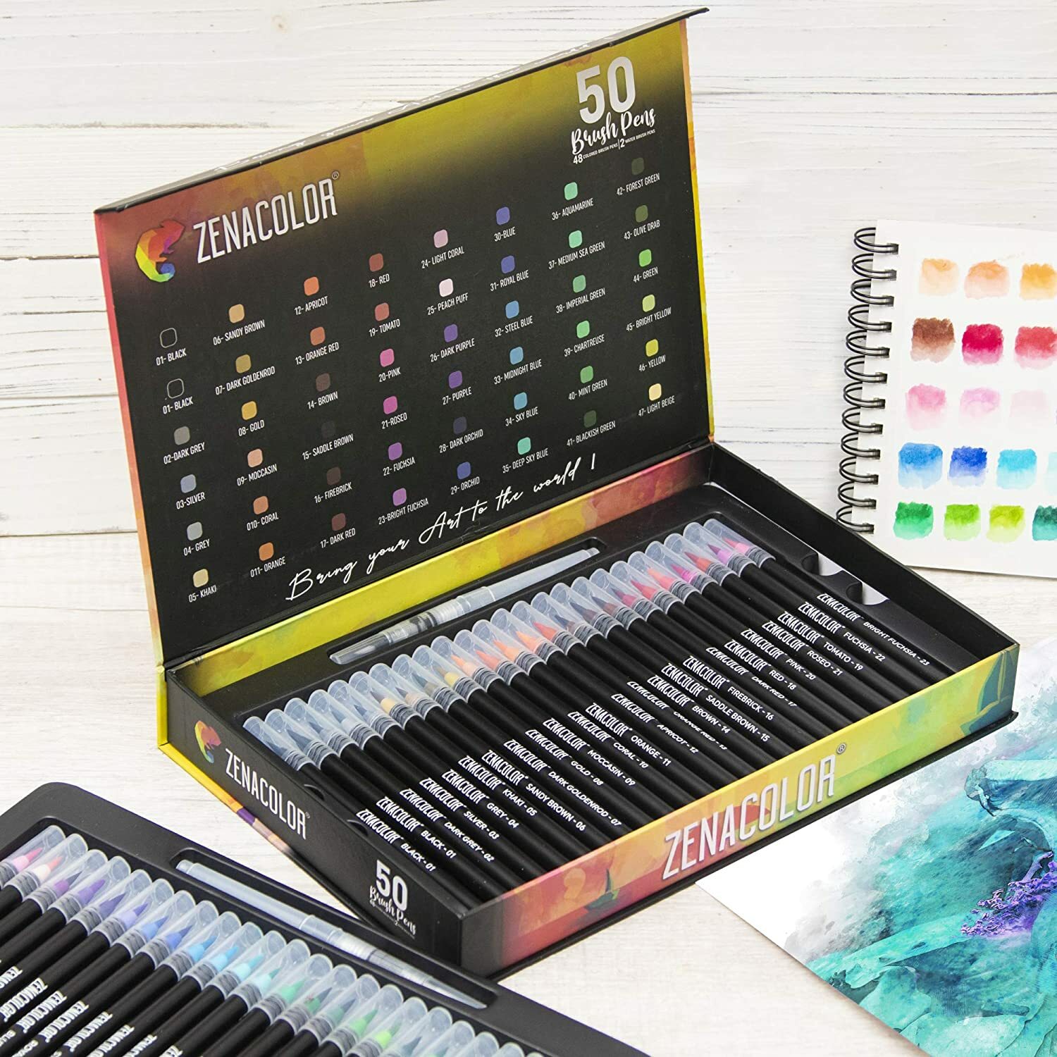 Zenacolor 48 Watercolor Brush Pens, Multicolor Art Paintbrush Tip