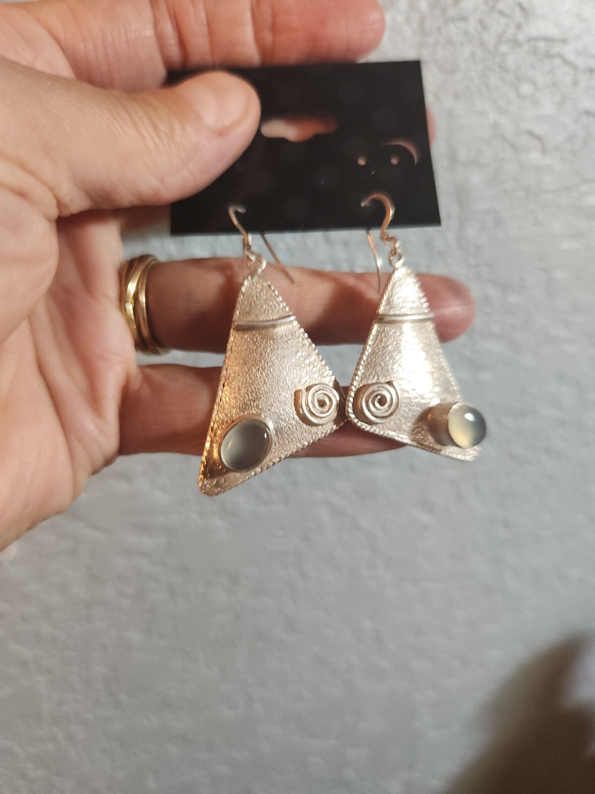 Sterling Silver ~ HUGE Triangular Textured Dangli… - image 4