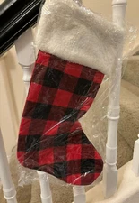 New! 19” Christmas Stocking Red Buffalo Plaid White Fuzzy Trim nwt