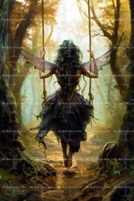 PURPLE FAIRY ON SWING ART PRINT, Cottagecore Decor Poster, Magic Lady Fae D549