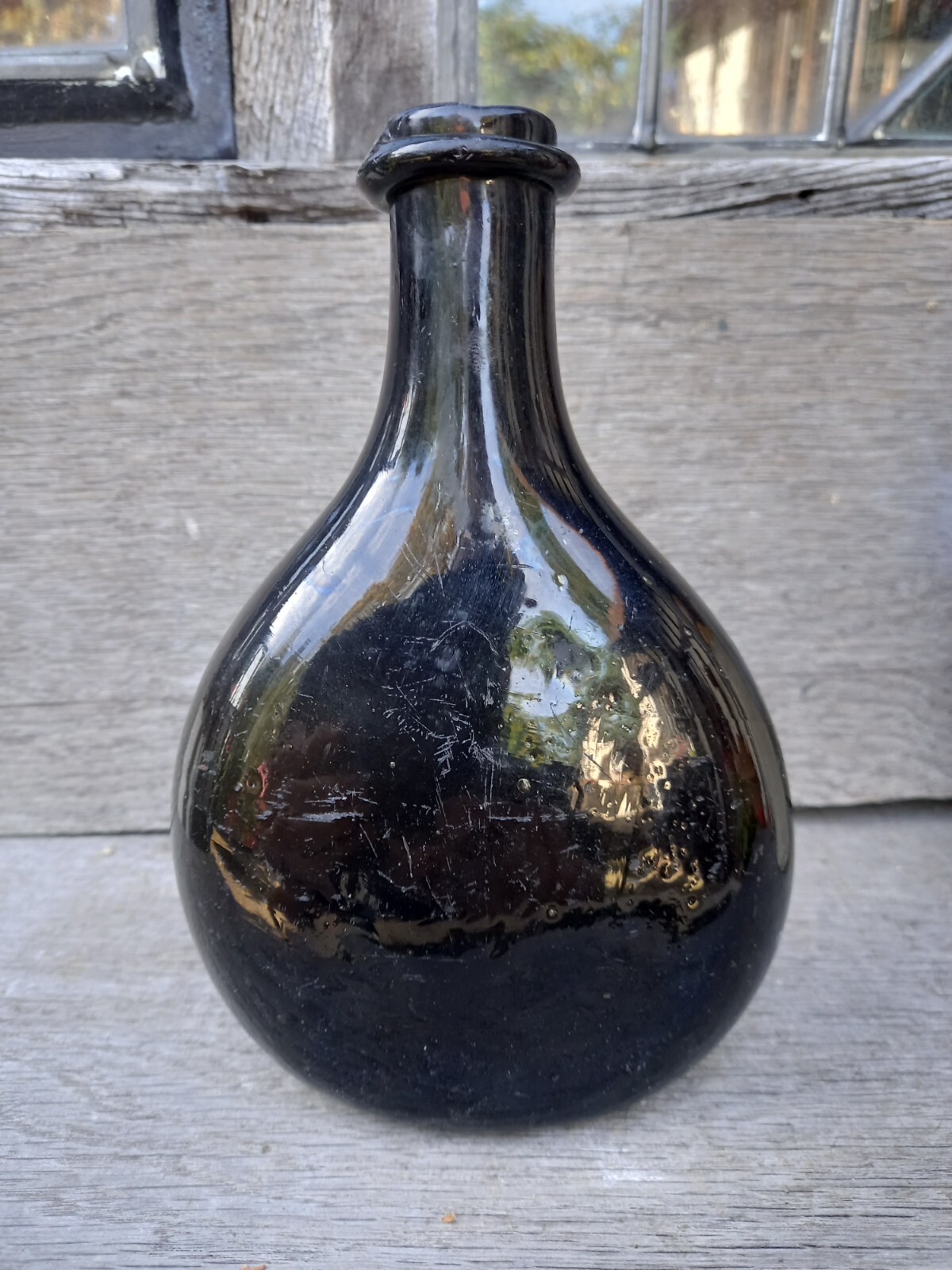 Early Free Blown Black Glass Flat Sided Bladder Flask Wine Bottle C1740