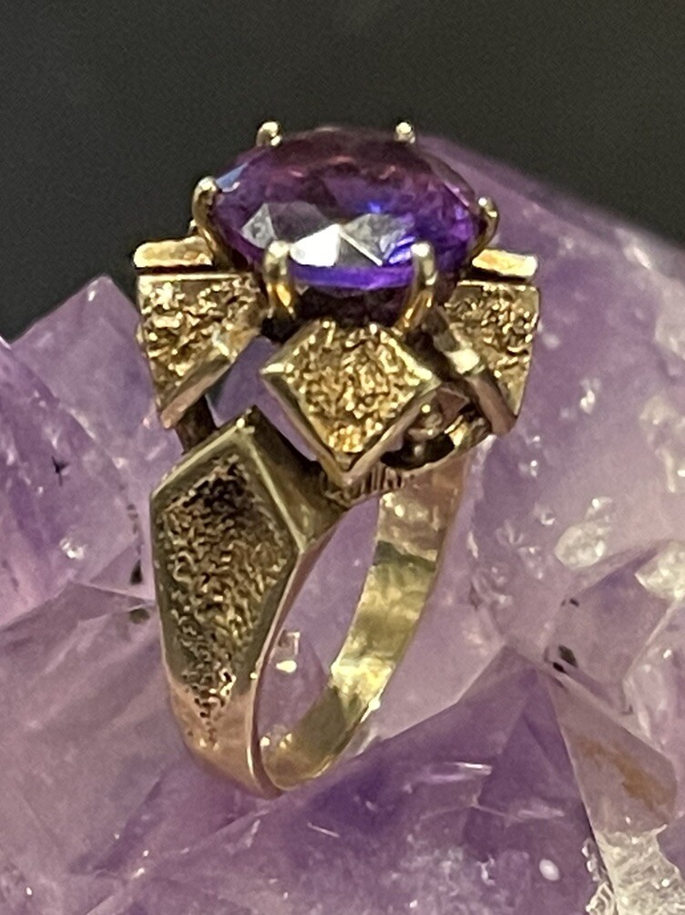 14K Solid Yellow Gold Amethyst Brutalist Torch Ri… - image 4