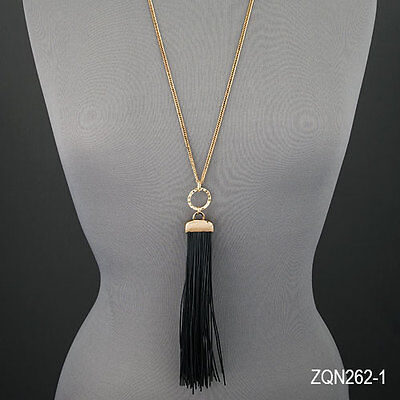 Antique Gold Metal Chain Black Tassel Unique Designer Inspired Pendant Necklace 