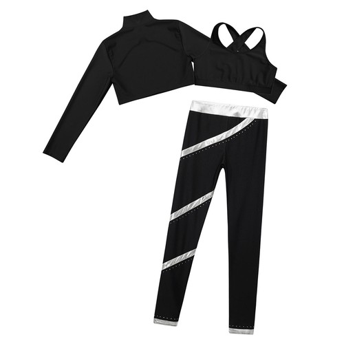 Girls Dance Outfit Mock Neck Crop Top Sleeveless Top with Pants Tracksuit - Picture 50 of 72