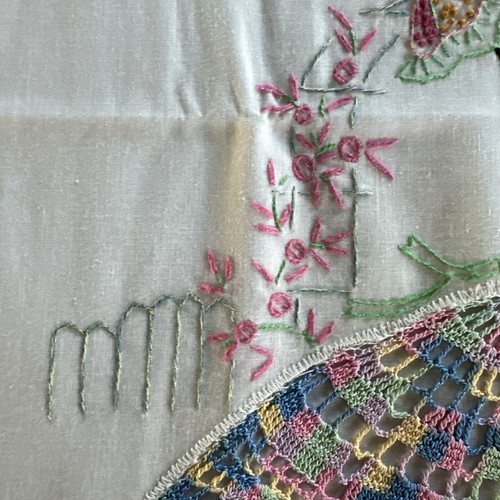 Vintage Southern Belle Pillowcase Pair Hand Embroidered Crocheted Skirt #1 - Picture 6 of 13
