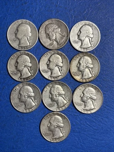 Lot of 10 Diff. Silver Washington Quarters 1935-D-1964