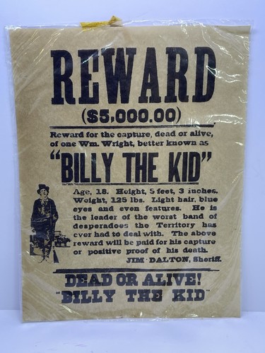 Vintage Billy The Kid Reward 5000 $ seltenes Poster - Bild 1 von 4