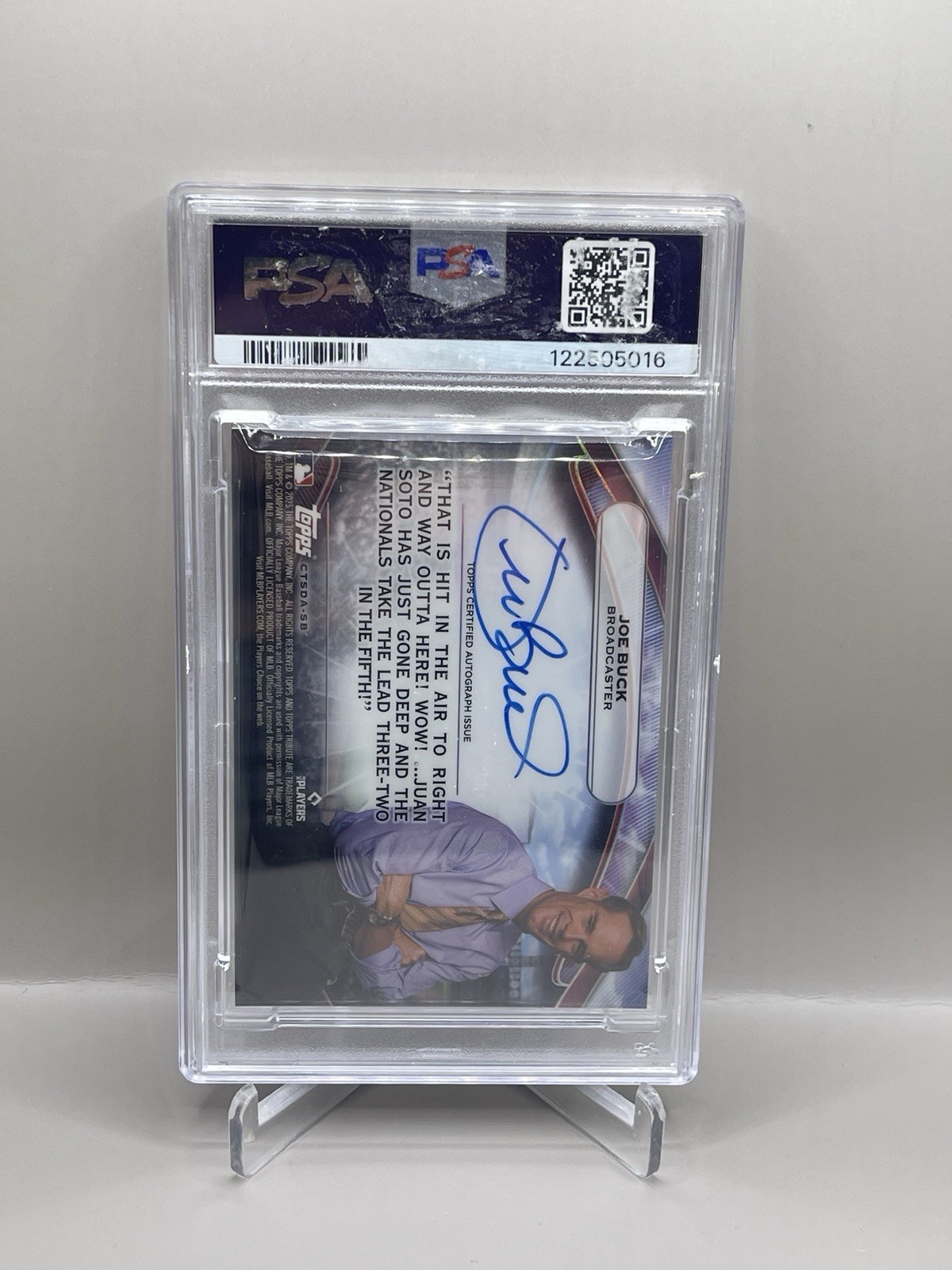 2025 Topps Tribute Juan Soto Joe Buck Calling The Shot Dual Auto #/50 SSP PSA 10 view 2