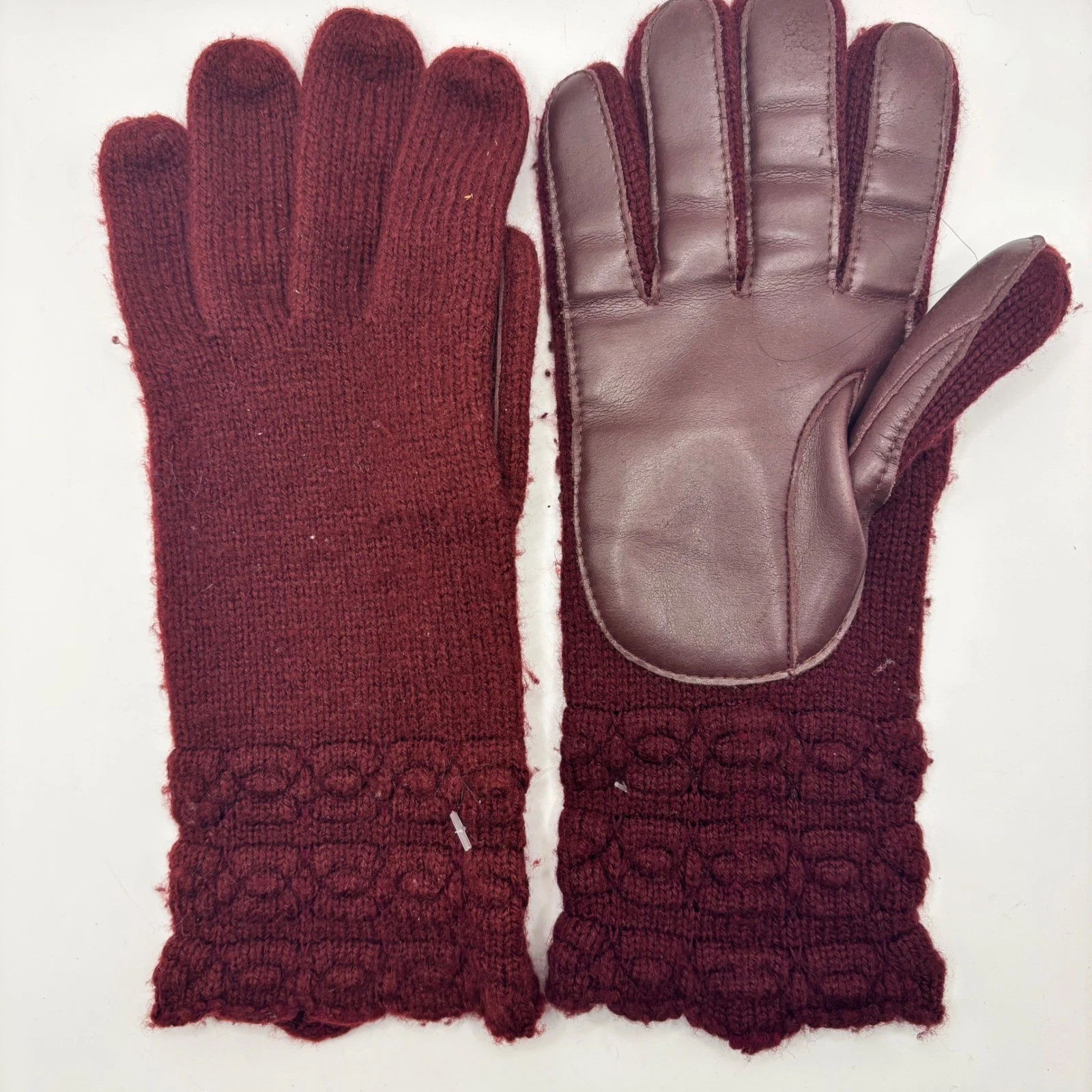 Burgundy Knit Driving Gloves with Leather Palm Grips Scalloped Cuff Maroon
