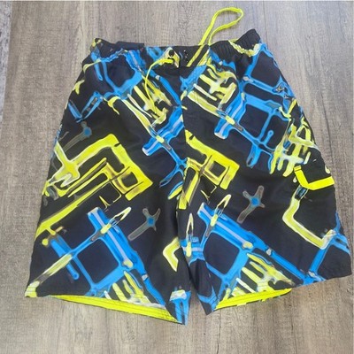 Nike Mens Swim Trunks Large Black Neon Yellow Blue Abstract Board Shorts Cargo