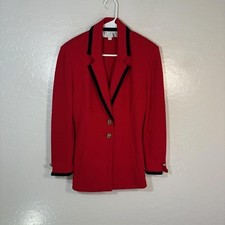 St. John Collection Blazer Jacket Womens 6 Red Wool Knit Black Trim Logo Buttons