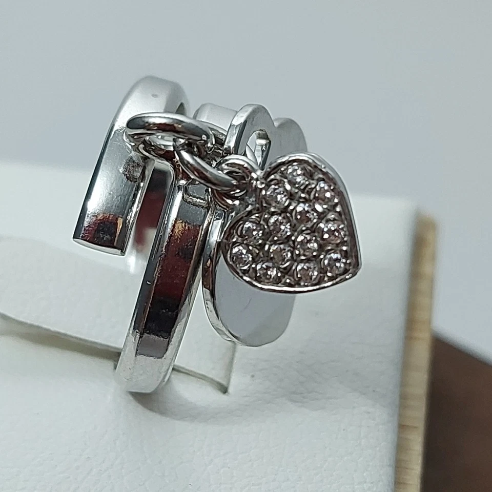 Anello argento 925 donna rodiato due cuori pendenti che si muovono pietre liscio - Immagine 2 di 4