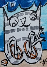 Original ACEO Cat Painting Collectible Modern Seascape Art Card Samantha McLean