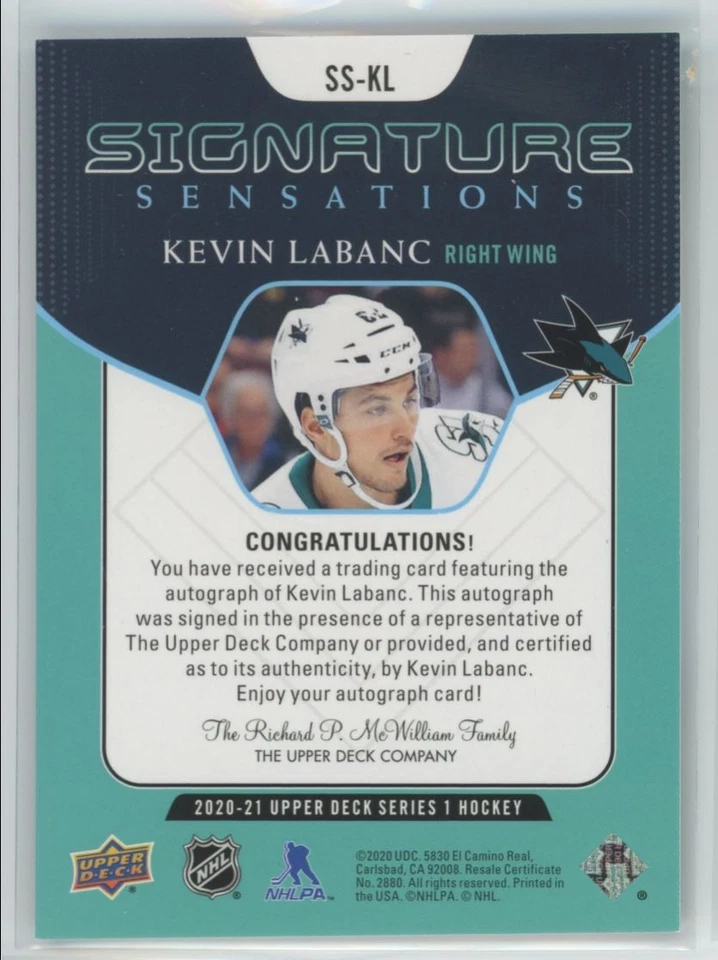 2020-21 Upper Deck Signature Sensations Kevin Labanc Auto San Jose Sharks #SS-KL - Image 2 of 2