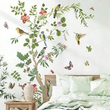 Large Green Tree Wall Decals Floral Tree Branch with Birds Peel and Stick Rem...