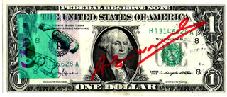 A. WARHOL 1 Dollarnote Original SIGNIERT SKIZZIERT US Stempel