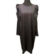 LOFT Metallic Shimmer Black Silver Puff Sleeve Shift Dress Size M Party Cocktail