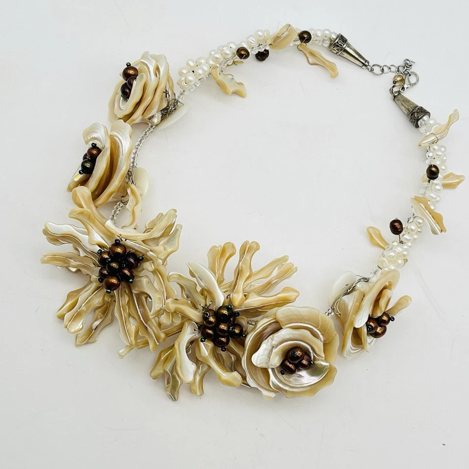 HUGE Artisan Mother of Pearl Statement Necklace Freshwater Pearl Shell Bib - Image 2 of 4