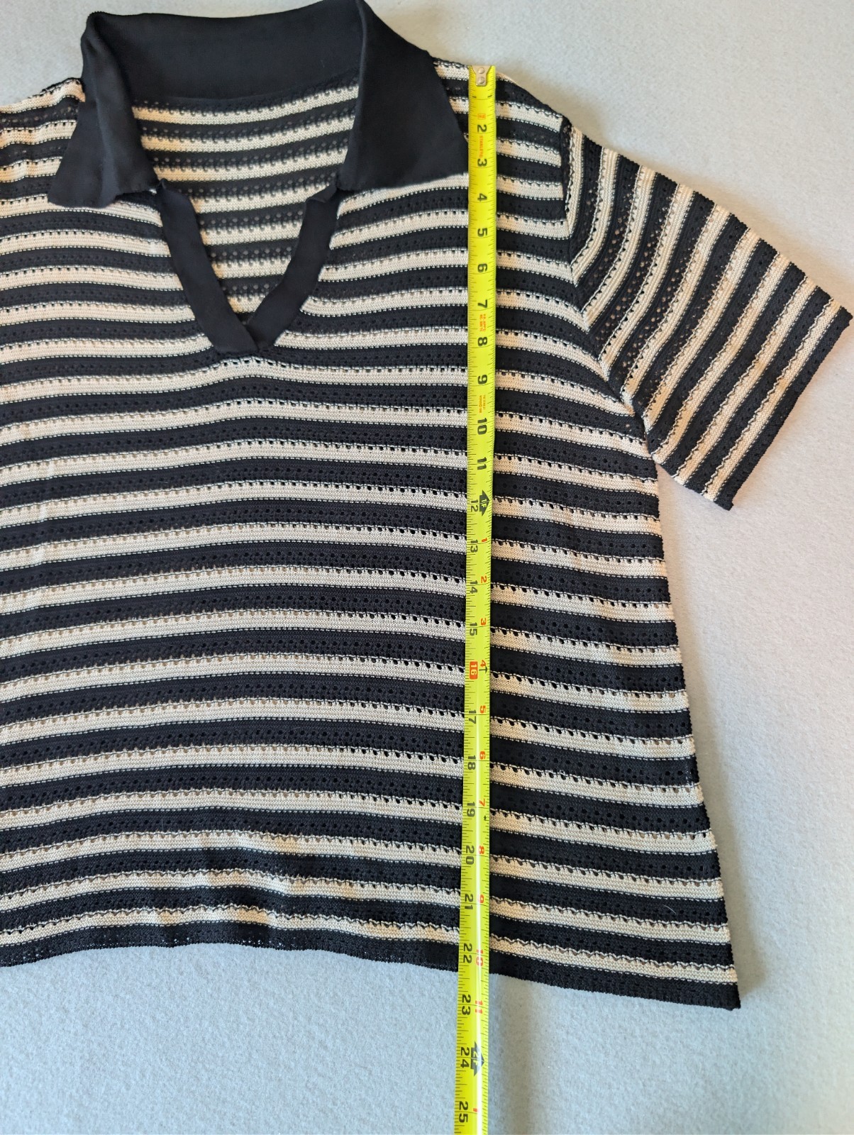 Women's Black Cream Textured Stripe Sweater Polo Open Knit Crochet Top Minimal image 6