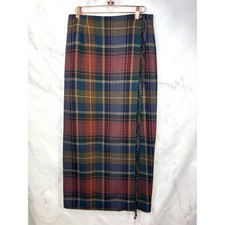 Vintage 100 Wool Tartan Wrap Midi Skirt Fringe Academia Cottagecore Size 10 USA