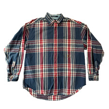 Tommy Hilfiger Button Down Shirt Mens Medium Blue Plaid Long Sleeve Classic Logo
