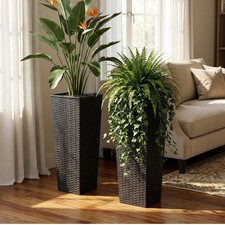 Set of 2 23.8" Tall Outdoor Indoor Black Planter Pots with Drainage Hol
