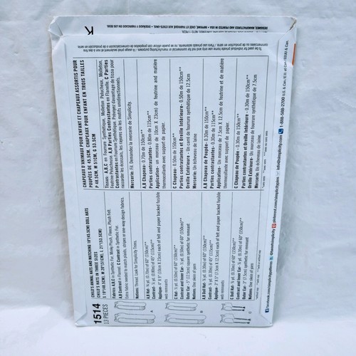 Simplicity 1514 A Childs Animal Hat & Matching 18" Doll Hat Three Sizes... - Picture 2 of 2