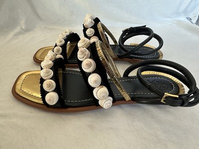 Tory Burch Sinclair Sandals 9 Black Gold Seashell Ankle Strap