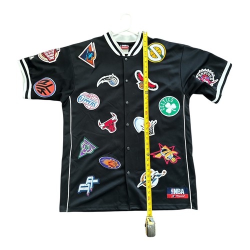 VTG NBA Majestic All Over Print Team Logos Black Warm Up Jersey Men's 25” XL - Picture 2 of 9