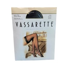 Vassarette Lace Top Thigh High Sheer Nylon Stockings Size Long Black 8030 NOS