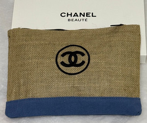 Chanel Beauty VIP Gift Cosmetic Bag/Pouch  Eco Jute Material with Blue Trim