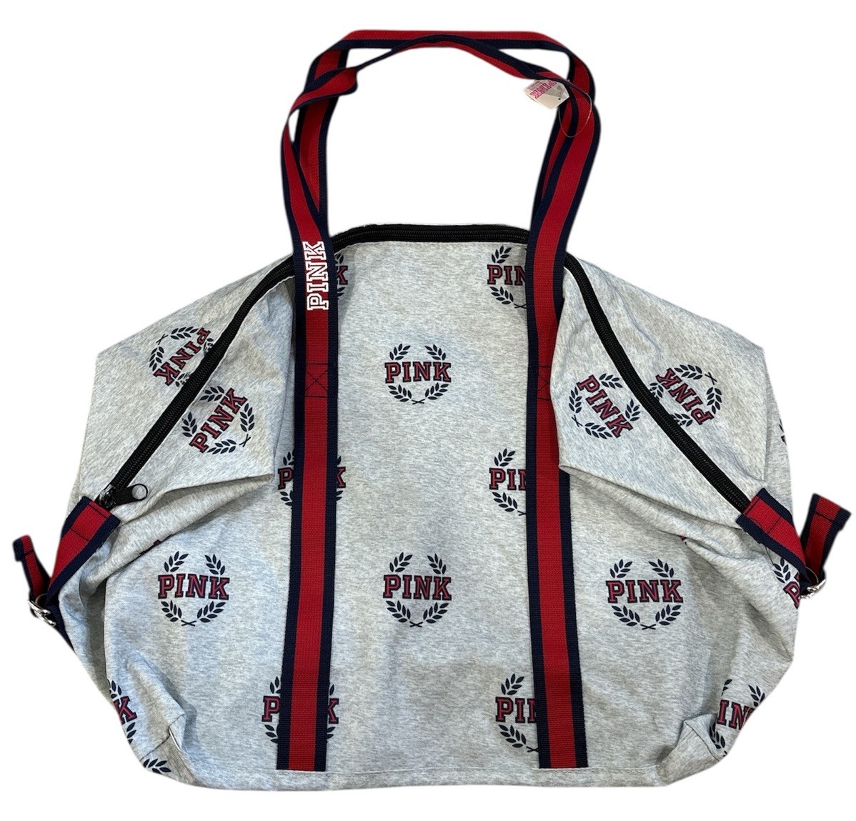 Victoria Secret PINK Weekender Tote Duffle Bag Gray Red Blue Crescent Logo