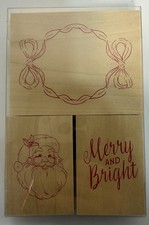 Recollections Christmas Wood Stamp Set 3pc Santa Merry  Bright Frame New