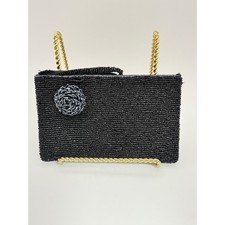 Vintage Black Beaded Wristlet Clutch Bag with Rosette Detail Evening Pouch