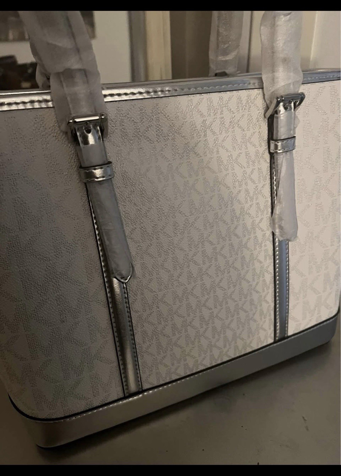 Michael Kors Metallic Silver Logo Tote Bag with Shoulder Strap Zip Closure thumbnail 2