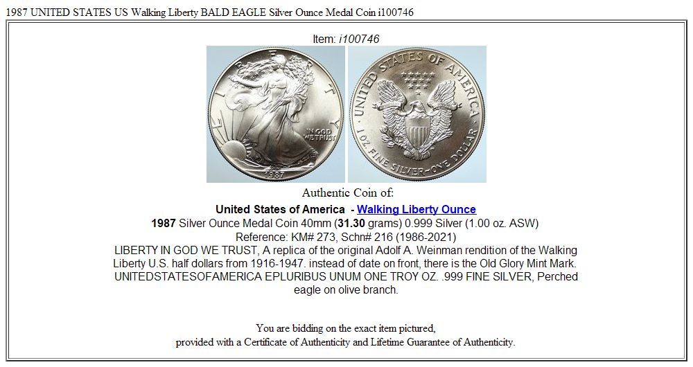 1987 UNITED STATES US Walking Liberty BALD EAGLE Silver Ounce