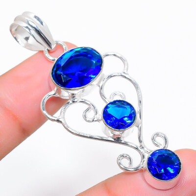 London Blue Topaz Gemstone Handmade 925 Sterling Silver Jewelry Pendant Size 2''