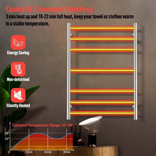 Round Electric Heated Towel Rack Rail Warm Silver Stainless Steel Bathroom 7 Bar - Picture 5 of 12