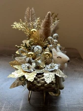 Gold Victorian Sleigh Christmas Centerpiece OOAK Upclycled Vintage Materials USA