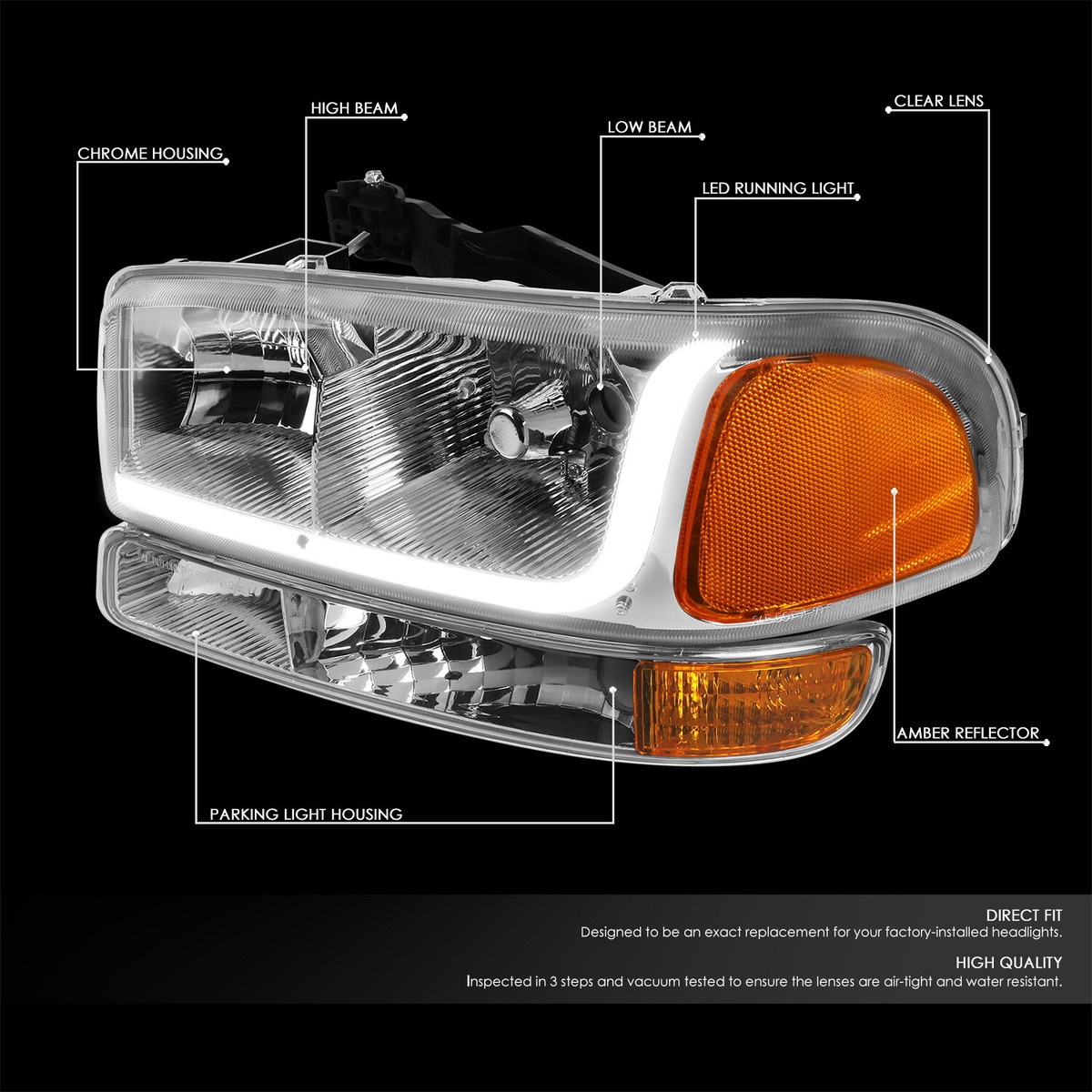 Chrome Housing Clear Corner Headlights For 1999-2007 GMC Sierra & Yukon XL – Pair 6 thumbnail image