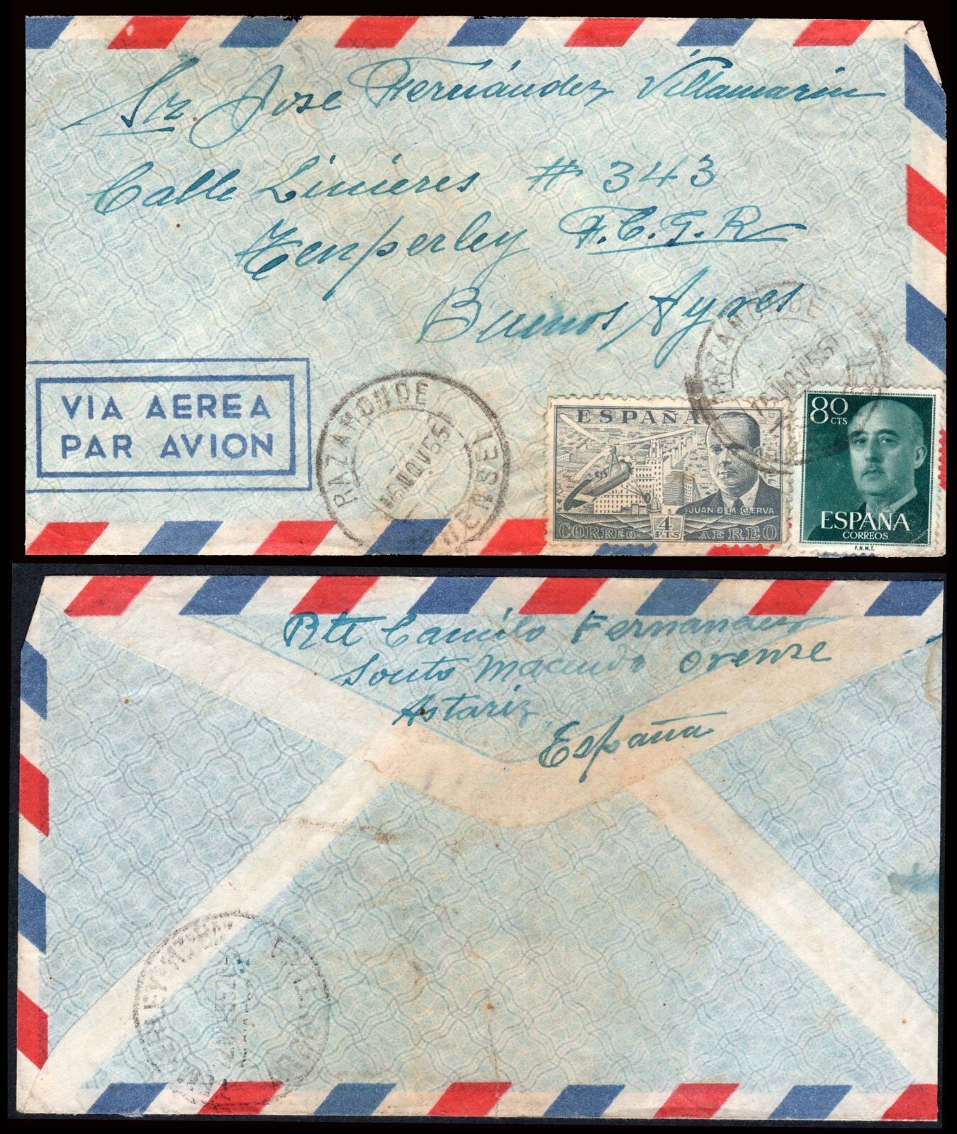 Orense - Edi o 946+1152 - Sobre Mat "Razamonde 16/Nov./55" a Buenos Aires