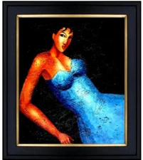 Framed, Lady in Blue, Hand Painted Oil Painting 20x24in