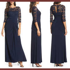 NWT $229 Adrianna Papell Lace & Draped Jersey Gown in Midnight [SZ 6 ] E673