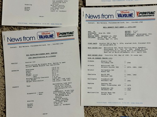 1987 Team Valvoline Pontiac Media Press Kit #75 Neil Bonnett #50 Greg Sacks - Picture 6 of 12
