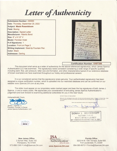 Maxie Rosenbloom boxer REAL hand SIGNED 3-page handwritten letter JSA LOA ALS - Picture 2 of 2